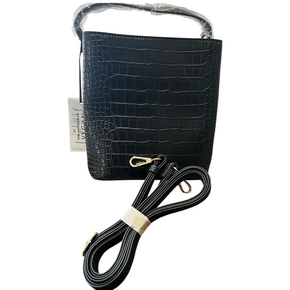 AOTA All of the Above Elena Bucket Bag‎ Black Croc Embossed Vegan Leather NWT